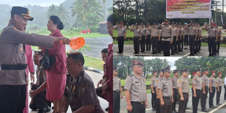 Tradisi Siraman Air Kembang Warnai Upacara Korps Raport Kenaikan Pangkat 21 Anggota Polres Bolsel