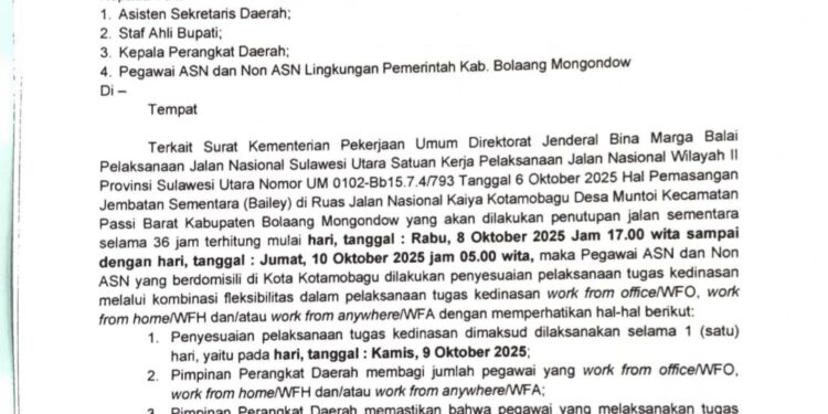 Akibat Penutupan Ruas Jalan Muntoi, Pemkab Bolmong Terapkan WFH untuk ASN yang Beromisili di Kotamobagu